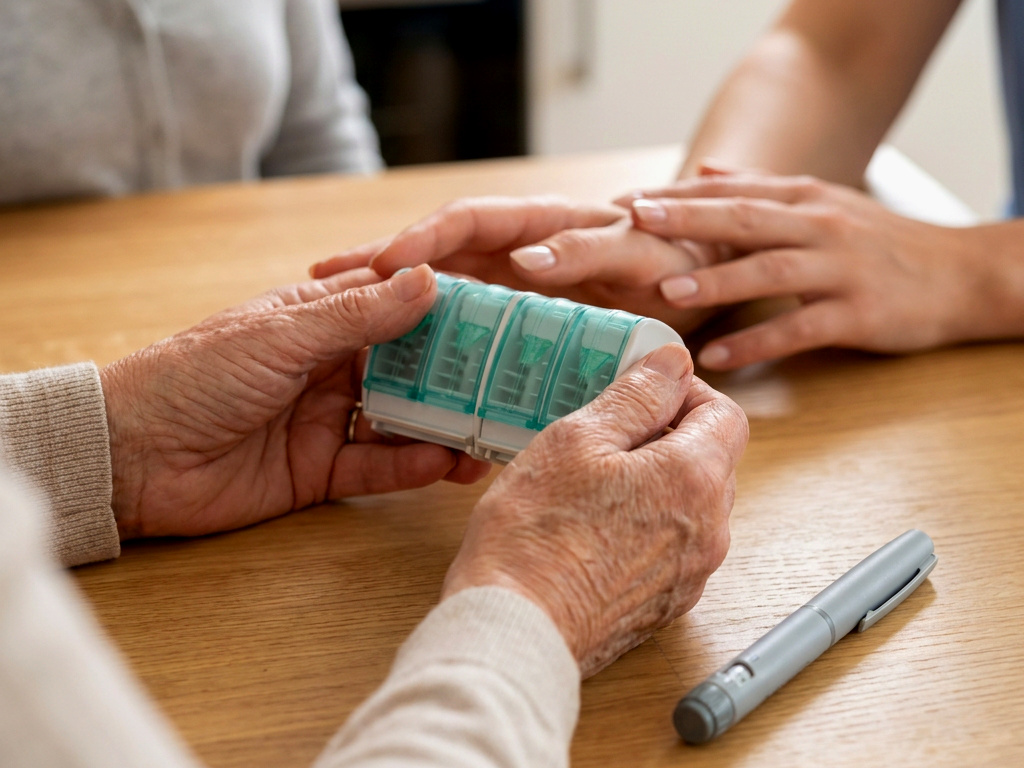 An older woman holds a NeedleBay while a carer rests a hand beside hers