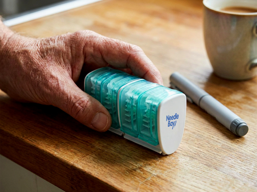 A hand on a NeedleBay pen needle case on a kitchen worktop