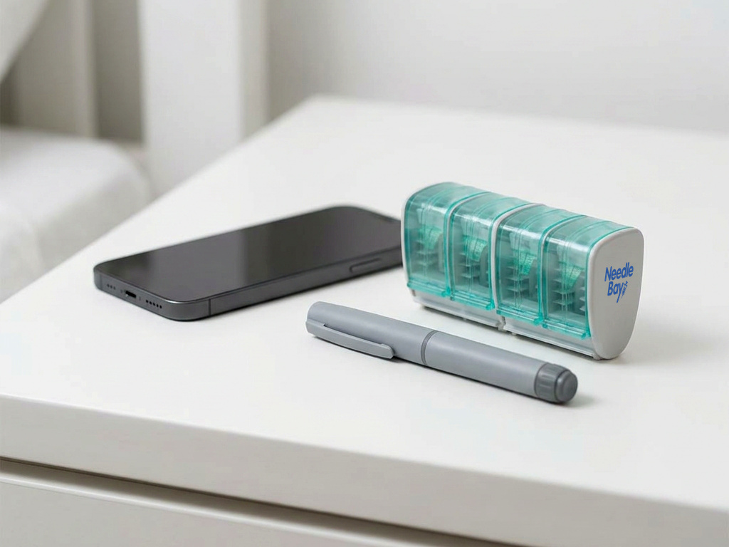 NeedleBay insulin pen needle case on a bedside cabinet beside a phone and an insulin pen