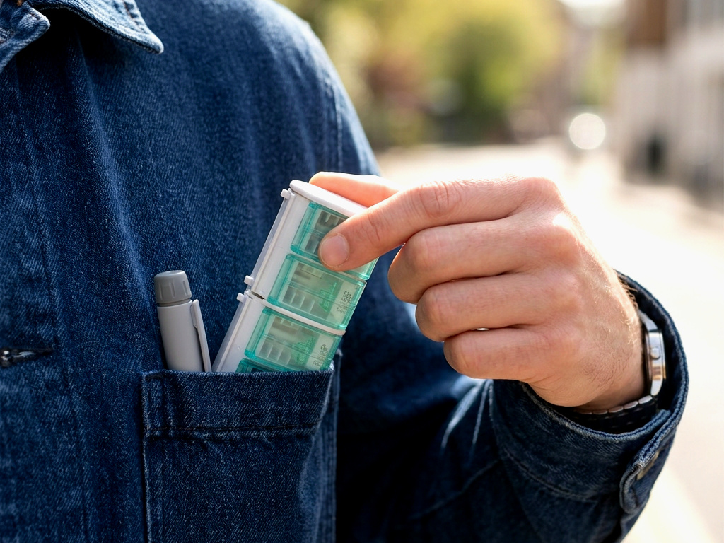 A NeedleBay pen needle case being slipped into a jacket pocket beside an insulin pen