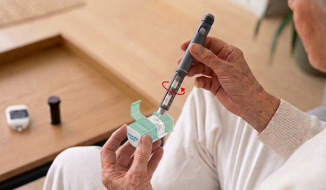 An insulin pen held above the open bay of a NeedleBay pen needle case, with a new pen needle waiting inside