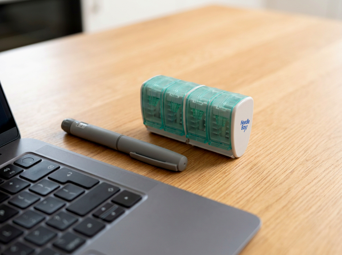 A NeedleBay pen needle case and insulin pen on an office desk beside a laptop
