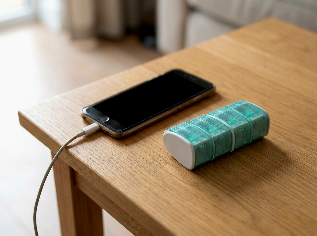 A NeedleBay pen needle case beside a phone with a flat battery and a charging cable