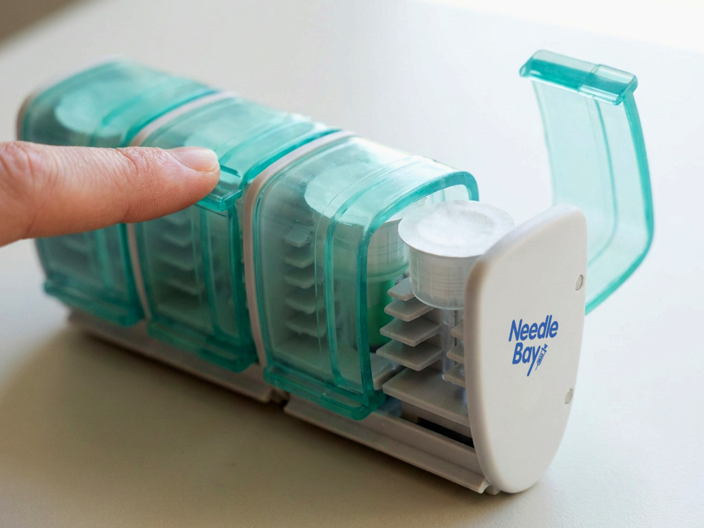 A fingertip on the lift tab of a NeedleBay lid, with one bay open