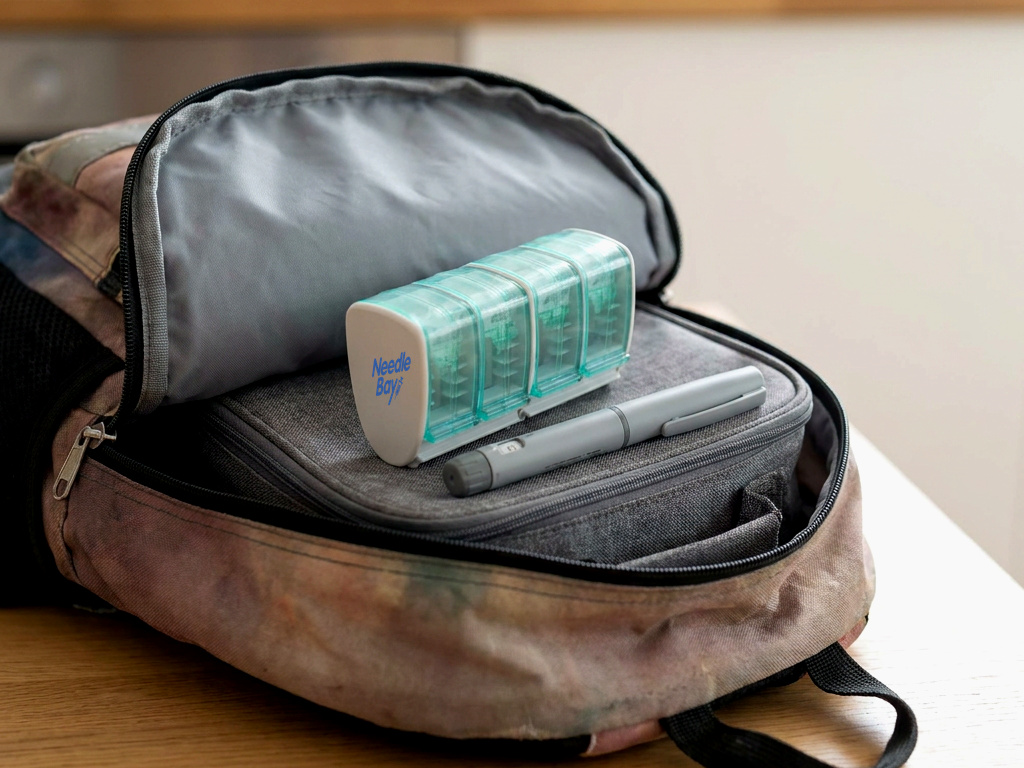 A NeedleBay pen needle case and insulin pen in an open school bag