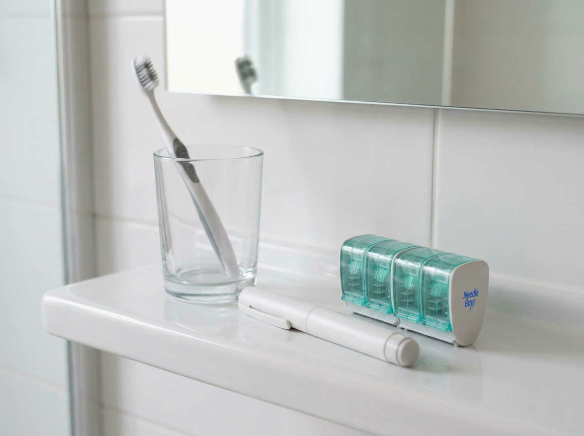 A NeedleBay pen needle case beside a weekly injection pen on a bathroom shelf