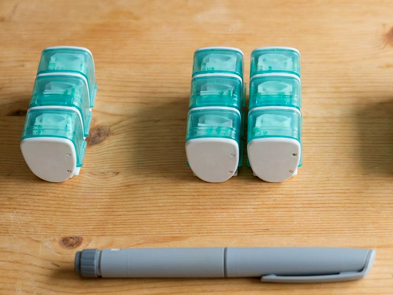 A single NeedleBay and a Twin Pack on a kitchen table with an insulin pen, one case for each pen