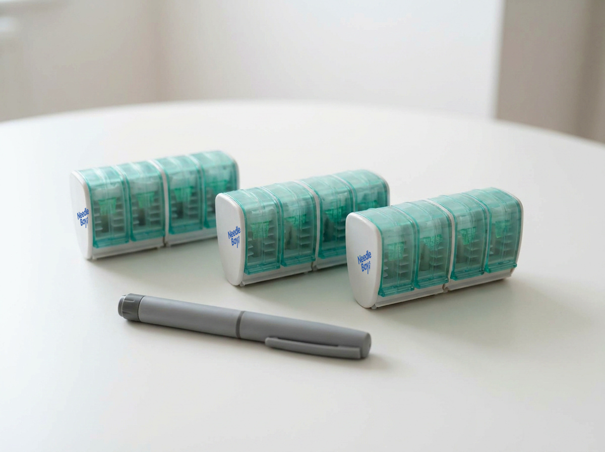 Three NeedleBay pen needle cases in a row with an insulin pen