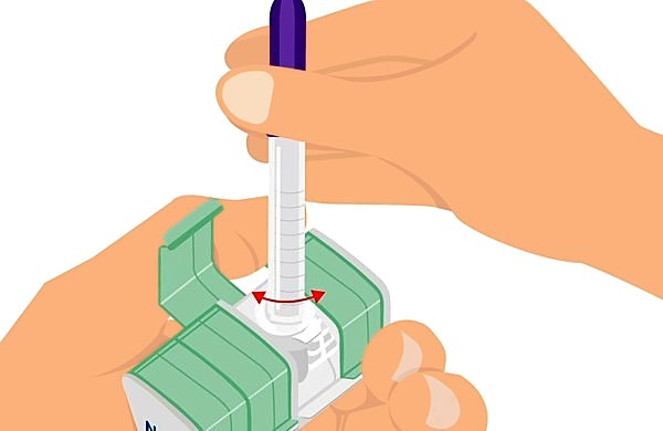 Step 5: Screw the pen in to collect the needle. After the injection, screw it back in and unscrew