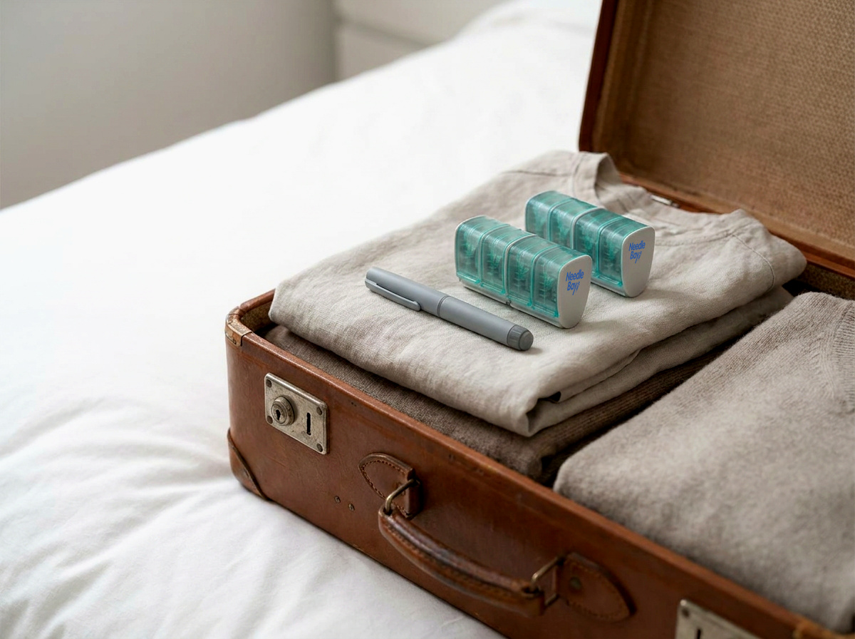 Two NeedleBay pen needle cases and an insulin pen packed in a suitcase